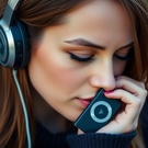Девушка слушает музыку на MP3-плеере: музыка