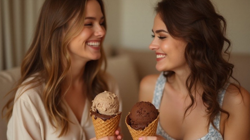 Девушки едят мороженое